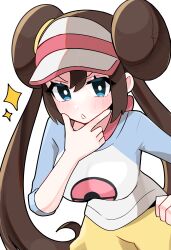 1girl absurdres blue_eyes blush breasts brown_hair creatures_(company) double_bun game_freak hair_bun hand_on_own_chin hand_on_own_hip highres large_breasts looking_at_viewer medium_breasts nintendo pantyhose pokemon pokemon_bw2 pokemon_masters_ex raglan_sleeves rosa_(pokemon) simple_background solo uni_we visor_cap white_background