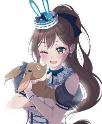  1girl :d animal bang_dream! bloom blue_bow blue_headwear blue_ribbon blush bow brown_hair earrings food frilled_shirt_collar frills green_eyes hair_bow hanazono_tae highres holding holding_animal jewelry long_hair looking_at_animal macaron open_mouth ponytail ppora rabbit ribbon see-through see-through_sleeves shirt short_sleeves smile solo sparkle white_background wrist_cuffs 
