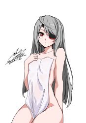  1girl ahoge breasts cototiworld dated eyepatch grey_hair highres infinite_stratos laura_bodewig long_hair naked_towel nude open_mouth red_eyes simple_background sitting small_breasts solo thighs towel white_background 