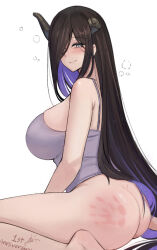  1girl armpit_crease ass ass_focus barefoot black_hair blue_eyes blush bottomless breasts broken_horn brown_dust_2 butt_crack camisole closed_mouth colored_inner_hair demon_girl demon_horns eclipse_(brown_dust_2) english_text eyebrows_hidden_by_hair from_behind hair_between_eyes hair_over_one_eye highres horns large_breasts long_hair looking_at_viewer multicolored_hair purple_camisole purple_hair sideboob simple_background sitting slap_mark sleepy smile soles solo spanked two-tone_hair user_fhtc3838 very_long_hair wariza white_background 