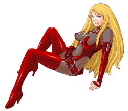  1girl adette_kistler belt blonde_hair bodysuit breasts buckle fingerless_gloves gloves green_eyes high_heels highres large_breasts long_hair looking_at_viewer mole mole_under_mouth overman_king_gainer red_bodysuit revealing_clothes shoumaru_(gadget_box) simple_background sitting solo  rating:Sensitive score:1 user:animeboy12
