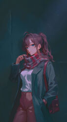  1girl absurdres ahoge black_coat blue_eyes breasts brown_bag brown_hair brown_pants casual coat commentary_request hair_intakes hand_in_pocket highres ichinose_shiki idolmaster idolmaster_cinderella_girls light_smile long_sleeves looking_at_viewer medium_breasts pants ponytail qingli_ye scarf shirt shirt_tucked_in solo striped_clothes striped_scarf white_shirt 