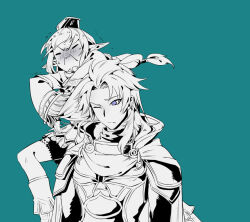  1boy 1girl armor ascot blue_background brushing_another&#039;s_hair brushing_hair cape closed_eyes cuirass dissidia_final_fantasy elf elvaan fermium.ice final_fantasy final_fantasy_i final_fantasy_vi frown furrowed_brow hair_brush holding holding_hair_brush knee_up long_hair long_sleeves low-tied_long_hair one_eye_closed pauldrons pointy_ears prishe purple_eyes shoulder_armor sidelocks simple_background skirt spot_color sweat trembling turtleneck upper_body warrior_of_light_(ff1) wavy_hair wide_sleeves 