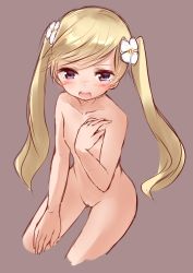  10s 1girl bad_id bad_twitter_id blonde_hair blush collarbone covering_privates covering_one_breast cropped_legs embarrassed flat_chest flower granblue_fantasy hair_flower hair_ornament hand_on_leg highres io_(granblue_fantasy) keshiks_(keshiksext) leaning_forward loli long_hair looking_at_viewer no_nipples nose_blush nude open_mouth purple_background purple_eyes pussy simple_background solo tan twintails  rating:Explicit score:54 user:danbooru
