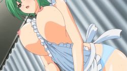 1girl aiba_matsuri animated animated_gif apron bouncing_breasts breasts breasts_out brown_eyes cowgirl_position green_hair huge_breasts nipples oppai_heart panties sex short_hair straddling underwear rating:Explicit score:62 user:lkuroi