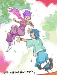 1boy 1girl blue_eyes blue_hair commentary_request creatures_(company) dress falkner_(pokemon) game_freak janine_(pokemon) leaf looking_at_another nintendo open_mouth outstretched_arms pokemon pokemon_hgss purple_dress purple_eyes purple_hair purple_scarf scarf translation_request yuh_(250663) 