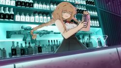  1girl absurdres ahoge alcohol angled_foregrip black_skirt blonde_hair blue_eyes braid braided_ponytail breast_suppress breasts cocktail_glass cocktail_shaker cup cz_805_bren detached_ahoge drinking_glass dutch_angle highres indie_virtual_youtuber large_breasts looking_at_viewer mole mole_under_eye open_mouth optical_sight red_ribbon ribbon shirt sidelocks skirt sleeveless sleeveless_shirt solo vertical_foregrip virtual_youtuber whiskey_project white_shirt xerbatt 