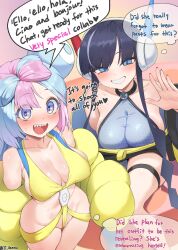  1girl alternate_breast_size black_hair blue_eyes blunt_bangs bow-shaped_hair breasts character_hair_ornament cleavage cosplay costume_switch creatures_(company) elesa_(pokemon) english_text game_freak hair_ornament highres iono_(pokemon) jacket jtveemo large_breasts long_hair multicolored_hair nintendo open_mouth partially_visible_vulva pink_hair pokemon pokemon_bw2 pokemon_sv sharp_teeth sleeveless sleeves_past_fingers sleeves_past_wrists smile speech_bubble sweat teeth two-tone_hair yellow_jacket  rating:Questionable score:25 user:danbooru