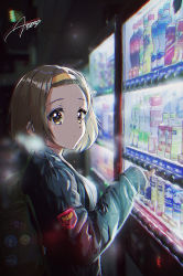  1girl absurdres backpack bad_id bad_pixiv_id bag blurry blush brown_eyes brown_hair chromatic_aberration closed_mouth clothing_request commentary_request film_grain hairband highres k-on! light_blush long_sleeves looking_at_viewer night outdoors short_hair signature solo standing tainaka_ritsu upper_body vending_machine verse yellow_hairband  rating:Sensitive score:16 user:danbooru