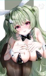  1girl animal_ears antenna_hair black_bow black_bowtie black_leotard blush bowtie breasts brown_pantyhose deep_skin detached_collar fake_animal_ears fake_tail goddess_of_victory:_nikke green_hair green_nails grin hands_on_own_chest heart_antenna_hair huge_breasts karen_(ka_0896) leaning_forward leotard long_hair looking_at_viewer mole mole_on_breast nail_polish pantyhose parted_lips pink_eyes playboy_bunny rabbit_ears rabbit_tail smile soda_(nikke) soda_(twinkling_bunny)_(nikke) solo strapless strapless_leotard tail twintails wrist_cuffs 