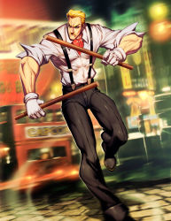  1boy blonde_hair blouse capcom collared_shirt eagle_(street_fighter) facial_hair genzoman gloves male_focus mustache pompadour scar shirt shirt_tucked_in sleeves_rolled_up solo stick street_fighter suspenders white_shirt 