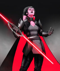  absurdres alien armor black_cape black_gloves black_lips black_pants black_tunic breasts cape christophe_pichette cleavage colored_skin double-bladed_spinning_lightsaber energy_sword gloves grey_tunic highres holding_lightsaber imperial_logo_(star_wars) lekku_(anatomy) lightsaber looking_up medium_breasts pants pauldrons pink_skin red_cape red_lightsaber scar scar_across_eye shoulder_armor silver_belt sith solo standing star_wars sword twi&#039;lek two-sided_cape two-sided_fabric weapon yellow_eyes 