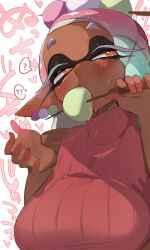  1girl ? bare_shoulders blue_hair blush breasts colored_eyelashes commentary_request crop_top dango dango_earrings dark-skinned_female dark_skin earrings eating fellatio food food-themed_earrings food_on_head frye_(splatoon) gradient_hair hair_ornament half-closed_eyes hand_up heart highres holding holding_stick inkling jewelry kashu_(hizake) large_breasts long_hair looking_to_the_side multicolored_hair nintendo object_on_head official_alternate_costume oral orange_eyes pink_hair pink_shirt pointy_ears saliva saliva_trail sexually_suggestive shirt short_eyebrows simulated_fellatio solo speech_bubble splatoon_(series) splatoon_3 spoken_question_mark star-shaped_pupils star_(symbol) stick symbol-shaped_pupils tentacle_hair tongue translated two-tone_hair upper_body wagashi white_background x_hair_ornament 