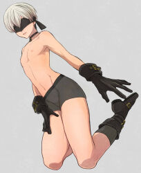 1boy 9s_(nier:automata) bishounen black_blindfold black_choker black_gloves blindfold choker closed_mouth from_below full_body gloves grey_background kneeling male_focus nier:automata nier_(series) nipples payu_(pyms11) shoes shorts simple_background socks solo thighs topless_male trap white_hair rating:Questionable score:16 user:danbooru