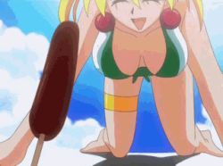  00s 1girl animated animated_gif bikini blonde_hair bracelet breasts chocolate_banana day earrings eiken food grace_lin huge_breasts jewelry large_breasts lowres outdoors popsicle sexually_suggestive solo swimsuit  rating:Sensitive score:94 user:danbooru