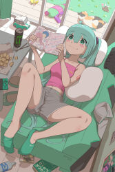  1girl 39 animal blue_eyes blue_hair blush_stickers book bottle calico cat chips_(food) couch food grass hair_ornament hatsune_miku highres long_hair lying midriff mole_(animal) navel on_back potato_chips reading shorts skirt smile socks solo spaghetti_strap spread_legs table tank_top toy_car twintails unworn_shirt unworn_skirt very_long_hair vocaloid water_gun window yukichi_(yu-ame) 