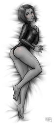 1girl ass barefoot bed blush breasts dakimakura_(medium) dc_comics female_focus forehead_jewel hand_on_own_chest highres iahfy leotard looking_at_viewer lying medium_breasts monochrome raven_(dc) short_hair solo teen_titans upper_body rating:Questionable score:64 user:Anon_Perv