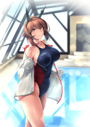 1girl breasts brown_hair clothes_writing competition_swimsuit gloves hassen_(8cm) headgear indoors jacket kantai_collection large_breasts long_sleeves mutsu_(kancolle) off_shoulder one-piece_swimsuit open_clothes open_jacket photo-referenced pool poolside rei_no_pool short_hair smile solo swimsuit white_gloves yellow_eyes rating:Sensitive score:24 user:danbooru