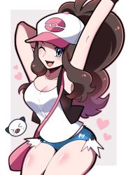  &gt;_&lt; 1girl ;d arms_up bag bare_arms baseball_cap black_vest blue_eyes blue_shorts breasts brown_hair cleavage collarbone creatures_(company) game_freak gen_5_pokemon handbag hat heart highres hilda_(pokemon) looking_at_viewer medium_breasts micro_shorts nintendo one_eye_closed open_mouth oshawott pokemon pokemon_(creature) pokemon_bw shorts sidelocks sitting smile solo tank_top thighs torn_clothes torn_shorts touyarokii vest white_tank_top 