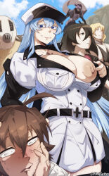  2boys 3boys absurdres akame_ga_kill! bols breasts brown_hair embarrassed esdeath hat highres huge_breasts kurome_(akame_ga_kill!) large_breasts looking_at_another military_hat military_uniform multiple_boys naughty_face one_breast_out orphen_(pink_seito) outdoors presenting run_(akame_ga_kill!) tatsumi_(akame_ga_kill!) uniform 