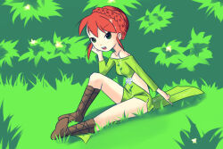  1girl boots braid breasts brown_footwear bush collarbone crown_braid drantyno dress flower freckles grass green_dress green_eyes head_rest long_sleeves looking_at_viewer off_shoulder open_mouth pointing red_hair short_hair sitting small_breasts smile teeth 
