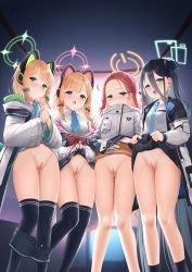  4girls animal_ear_headphones animal_ears aris_(blue_archive) black_hair black_skirt black_socks black_thighhighs blue_archive blue_eyes blue_neckwear blush brown_hair cat_ear_headphones cleft_of_venus clitoris clothes_lift fake_animal_ears feet_out_of_frame female_focus green_eyes grey_jacket halo headphones highres jacket loli long_hair looking_at_viewer midori_(blue_archive) momoi_(blue_archive) multiple_girls necktie no_panties nude_filter open_clothes open_jacket open_mouth pink_eyes ponytail pussy red_hair school_uniform shirt side-by-side side_ponytail skirt skirt_lift smile socks teeth thighhighs third-party_edit uncensored wakuta_chisaki white_shirt yuzu_(blue_archive)  rating:Explicit score:497 user:bbyyccxx