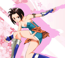  1girl bare_shoulders black_hair breasts brown_eyes closed_mouth dress gensou_suikoden gensou_suikoden_iv gloves looking_at_viewer looking_to_the_side mizuki_(suikoden) onnaski panties short_hair skirt small_breasts solo turning_head underwear white_panties 