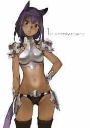 10s 1girl animal_ears arm_behind_back armor bikini_armor black_thighhighs branch_(blackrabbits) breasts brown_eyes cameltoe cat_ears cat_tail dark-skinned_female dark_skin english_text final_fantasy final_fantasy_xiv head_tilt knight long_hair looking_at_viewer miqo&#039;te open_mouth purple_hair simple_background solo tail thighhighs warrior warrior_of_light_(ff14) white_background  rating:Sensitive score:135 user:danbooru