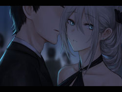  1boy 1girl an-94_(girls&#039;_frontline) an-94_(silent_rouge)_(girls&#039;_frontline) bare_shoulders black_hair blue_eyes chinese_commentary commentary_request earrings faceless faceless_male girls&#039;_frontline hair_between_eyes halterneck jewelry letterboxed long_hair official_alternate_costume parted_lips ponytail selcky silver_hair  rating:Sensitive score:11 user:danbooru