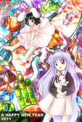  2011 2girls :d animal animal_ears barefoot black_hair black_jacket bloomers carrot_necklace chinese_zodiac dress floppy_ears happy_new_year holding holding_animal inaba_tewi jacket jewelry long_hair medinki multiple_girls necklace new_year official_style open_mouth pink_dress puffy_short_sleeves puffy_sleeves purple_hair rabbit rabbit_ears rabbit_girl red_eyes reisen_udongein_inaba short_hair short_sleeves skirt smile teeth thighhighs touhou underwear upper_teeth_only very_long_hair white_bloomers white_rabbit_(animal) white_skirt white_thighhighs year_of_the_rabbit zettai_ryouiki zun_(style) 