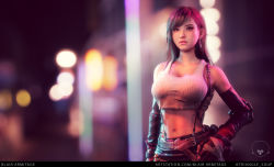  1girl 3d absurdres artist_name bad_link bare_shoulders belt black_skirt blair_armitage blurry blurry_background breasts brown_eyes brown_hair chocobo cleavage closed_mouth collarbone commentary_request crop_top dirty earrings elbow_gloves elbow_pads final_fantasy final_fantasy_vii fingerless_gloves gloves highres jewelry large_breasts lips long_hair midriff miniskirt navel realistic skirt sleeveless solo tifa_lockhart torn_clothes  rating:Sensitive score:15 user:danbooru