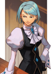  1girl ace_attorney ascot black_eyes black_gloves black_vest blue_hair buttons capcom closed_mouth earrings franziska_von_karma gem gloves hand_on_own_hip hungry_clicker jewelry juliet_sleeves lips long_sleeves looking_away mole mole_under_eye pink_lips puffy_sleeves shirt short_hair solo swept_bangs vest white_ascot white_shirt  rating:General score:6 user:danbooru
