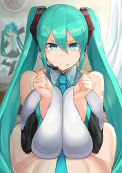  1boy 1girl absurdres alternate_breast_size aqua_hair bare_shoulders between_breasts blue_eyes breasts cleavage clothed_female_nude_male detached_sleeves facominn hair_ornament hatsune_miku hetero highres huge_breasts long_hair looking_at_viewer necktie necktie_between_breasts nude paizuri poster_(object) twintails very_long_hair vocaloid  rating:Questionable score:75 user:danbooru