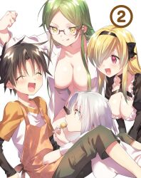  1boy 3girls :q apron black_dress black_hairband black_panties black_sleeves blonde_hair blush breasts brown_hair cleavage closed_eyes coat dress eating frey_(megami-ryou_no_ryoubo-kun) frilled_dress frills glasses green_hair green_shorts hair_over_one_eye hairband hinotta hozumi_serene juliet_sleeves lab_coat large_breasts layered_sleeves long_hair long_sleeves looking_at_another lying megami-ryou_no_ryoubo-kun multiple_girls nagumo_koushi naked_apron no_bra official_art on_stomach open_clothes open_coat open_mouth orange_apron orange_sleeves panties parted_bangs puffy_sleeves red-framed_eyewear red_eyes shirt short_hair short_over_long_sleeves short_sleeves shorts simple_background sitting smile tongue tongue_out underwear wachi_mineru white_background white_coat white_hair white_shirt yellow_eyes 