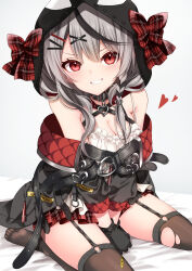  1girl bare_shoulders breasts cleavage fingerless_gloves gloves grey_hair hololive looking_at_viewer mamdtsubu open_mouth red_eyes sakamata_chloe smile solo  rating:Sensitive score:5 user:victusr34