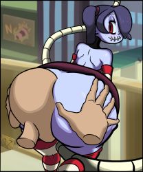 ass ass_grab bent_over blue_hair detached_sleeves disembodied_hand face_in_ass highres huge_ass leviathan_(skullgirls) looking_back q7 red_eyes skullgirls smile spread_ass squigly_(skullgirls) stitched_mouth stitches zombie rating:Explicit score:24 user:iceguy