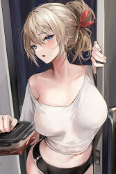  1girl absurdres black_shorts blonde_hair blue_eyes blush breasts collarbone commentary crop_top dolphin_shorts door doorway english_commentary hair_bun hair_ornament highres holding large_breasts lillly lillly_(character) looking_at_viewer midriff navel open_mouth original pov_doorway shirt short_shorts shorts sidelocks single_bare_shoulder single_hair_bun solo white_shirt 