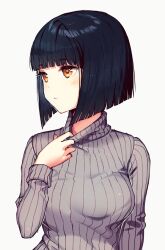  1girl black_hair blunt_bangs blunt_ends bob_cut breasts commentary english_commentary expressionless eyelashes grey_sweater large_breasts light_blush long_sleeves looking_to_the_side original parted_lips pinstripe_pattern pinstripe_sweater satchely shirt_tug short_hair simple_background solo sweater turtleneck turtleneck_sweater upper_body white_background yellow_eyes 