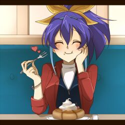  1girl blue_hair bracelet closed_eyes eating food food_on_face hair_between_eyes hair_ribbon hand_on_own_face heart jacket jewelry light_blue_hair multicolored_hair open_clothes open_jacket pancake ponytail purple_hair red_jacket ribbon serena_(yu-gi-oh!) sitting solo streaked_hair two-tone_hair whipped_cream yaharinaneanisu yellow_ribbon yu-gi-oh! yu-gi-oh!_arc-v 