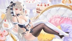  1girl :q asymmetrical_legwear azur_lane black_choker black_nails breasts cake cake_slice cake_stand choker cleavage crossed_legs earrings fishnet_thighhighs fishnets food fork formidable_(azur_lane) fruit full_body grey_hair highres holding holding_fork jewelry large_breasts leaning_back long_hair manjuu_(azur_lane) mismatched_legwear one-piece_swimsuit red_eyes sitting solo strawberry strawberry_shortcake swimsuit thighhighs tongue tongue_out twintails very_long_hair white_thighhighs zzo_(chorizzzzo) 