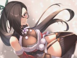  1girl black_hair breasts brown_eyes butterfly_hair_ornament cleavage commission elbow_gloves eyelashes fire_emblem fire_emblem_fates garter_straps gloves grey_thighhighs hair_ornament hair_over_one_eye highres kagero_(fire_emblem) large_breasts long_hair nintendo pom_pom_(clothes) ponytail ribbed_thighhighs sassakntm see-through see-through_cleavage sitting solo thighhighs 