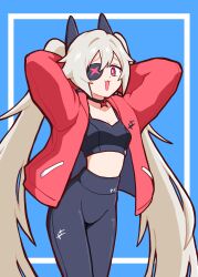  1girl :3 arms_behind_head breasts choker cleavage crop_top djmax djmax_respect eyepatch fail_(djmax) grey_hair hair_between_eyes hair_ornament high-waist_pants highres jacket long_hair long_sleeves looking_at_viewer open_clothes open_jacket open_mouth pants red_eyes red_jacket simple_background small_breasts smile solo standing ttmas twintails very_long_hair 