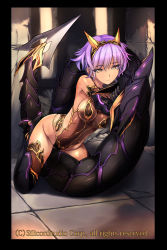 1girl amei_sumeru armor bare_shoulders between_legs black_border black_footwear black_gloves boots border breasts brown_thighhighs closed_mouth company_name covered_navel crack eyebrows eyelashes fantasica gauntlets gloves hair_between_eyes hairband highres holding horns kneeling large_breasts leotard revealing_clothes see-through shade short_hair sideboob sleeveless solo tail thigh_boots thighhighs yellow_eyes rating:Sensitive score:11 user:danbooru