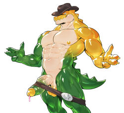  1boy abs bara belt blank_eyes brown_belt brown_hat claws commentary cowboy_hat crocodile_boy crocodilian_tail erection furry furry_male gummigoo hat highres jacketbear male_focus nipples no_pupils pectorals penis symbol-only_commentary tail testicles the_amazing_digital_circus white_background 