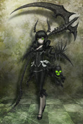  10s 1girl absurdres bad_id bad_pixiv_id black_hair black_rock_shooter chain checkered_floor choker claws collar collarbone corset dead_master drill_hair floor gencoupb green_eyes highres horns perspective scythe skull solo twin_drills twintails wings  rating:Sensitive score:23 user:danbooru