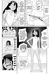  1girl 3boys age_difference bed black_hair blush breasts classroom clothed_male_nude_female completely_nude dreaming embarrassed fang full_body glasses gun hachiouji_naoto hair_ornament highres ijiranaide_nagatoro-san monochrome multiple_boys nagatoro_hayase nipples no_pussy nude official_style pajamas parody public_indecency public_nudity school screaming small_breasts speech_bubble szmitten talking tan tanline trembling undressing weapon  rating:Explicit score:150 user:thereallegend123