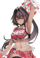  1girl arm_at_side arm_up armpits badge bandaid bandaid_on_stomach bare_arms bare_shoulders bay_(nikke) black_collar black_hair black_hairband black_thighhighs breasts button_badge cheerleader closed_mouth clothes_writing collar commentary cowboy_shot crop_top crop_top_overhang dark-skinned_female dark_skin facial_mark goddess_of_victory:_nikke hair_between_eyes hair_intakes hairband highleg highleg_panties highres holding holding_pom_poms large_breasts lock long_hair midriff miniskirt mole mole_on_breast mole_on_stomach mole_under_eye mole_under_mouth multicolored_hair navel padlock padlocked_collar panties panty_straps pleated_skirt pom_pom_(cheerleading) pom_poms ponytail purple_eyes raised_eyebrows red_hair red_hairband red_shirt red_skirt see-through shirt side-tie_panties side_slit sideboob simple_background skirt sleeveless sleeveless_shirt solo spiked_collar spikes standing star_(symbol) star_facial_mark star_in_eye stomach streaked_hair string_panties symbol_in_eye thighhighs two-tone_hair two-tone_hairband two-tone_shirt underwear very_long_hair wet wet_clothes wet_shirt white_background white_panties white_shirt zundakun0123 
