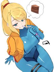  1girl blonde_hair blue_bodysuit blue_eyes blush bodysuit breasts cake cake_slice chocolate_cake covered_navel eating food gloves high_ponytail highres holding icoo impossible_bodysuit impossible_clothes jacket large_breasts long_hair looking_at_viewer metroid nintendo open_clothes open_jacket ponytail samus_aran simple_background sitting skin_tight solo thighs varia_suit white_background yellow_jacket zero_suit 