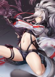  1girl absurdres animal_ears arknights arrow_(projectile) black_footwear black_scarf black_shorts bow_(weapon) breasts cat_ears cat_tail commentary crop_top crossbow english_commentary glint highres holding holding_bow_(weapon) holding_crossbow holding_weapon jacket long_hair long_sleeves medium_breasts micro_shorts midriff navel one_eye_closed open_clothes open_jacket pouch quiver raemn_(raemn2d) scarf schwarz_(arknights) shoes shorts silver_hair solo stomach tail thigh_strap thighs v-shaped_eyebrows weapon white_jacket yellow_eyes 