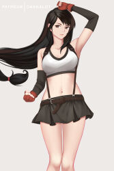  1girl alternate_eye_color arm_up black_hair black_skirt breasts brown_eyes closed_mouth commentary dakkalot english_commentary final_fantasy final_fantasy_vii gloves long_hair looking_at_viewer low-tied_long_hair medium_breasts navel patreon_username skirt smile solo suspender_skirt suspenders tank_top tifa_lockhart white_tank_top 